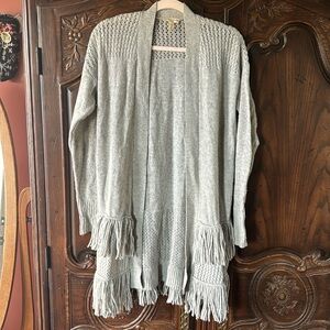Gray Wool & Cashmere Cardigan Women’s Duster with Fringe